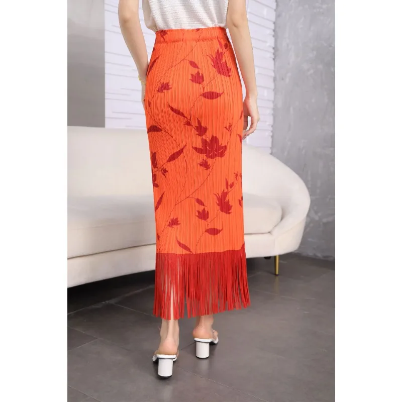 

ALSEY Miyake Pleated Printed Fringe Skirts for Women Fashion 2024 Summer New Fashion Casual Elegant Mid-length Half Skirt