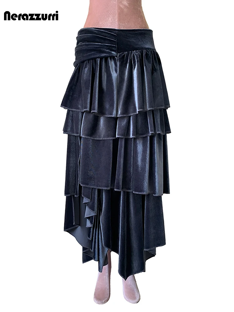 Nerazzurri Autumn Dark Gray Velvet Ruffled Asymmetrical Tiered Midi Skirt Women Long Elegant Chic Luxury Designer Clothes 2026