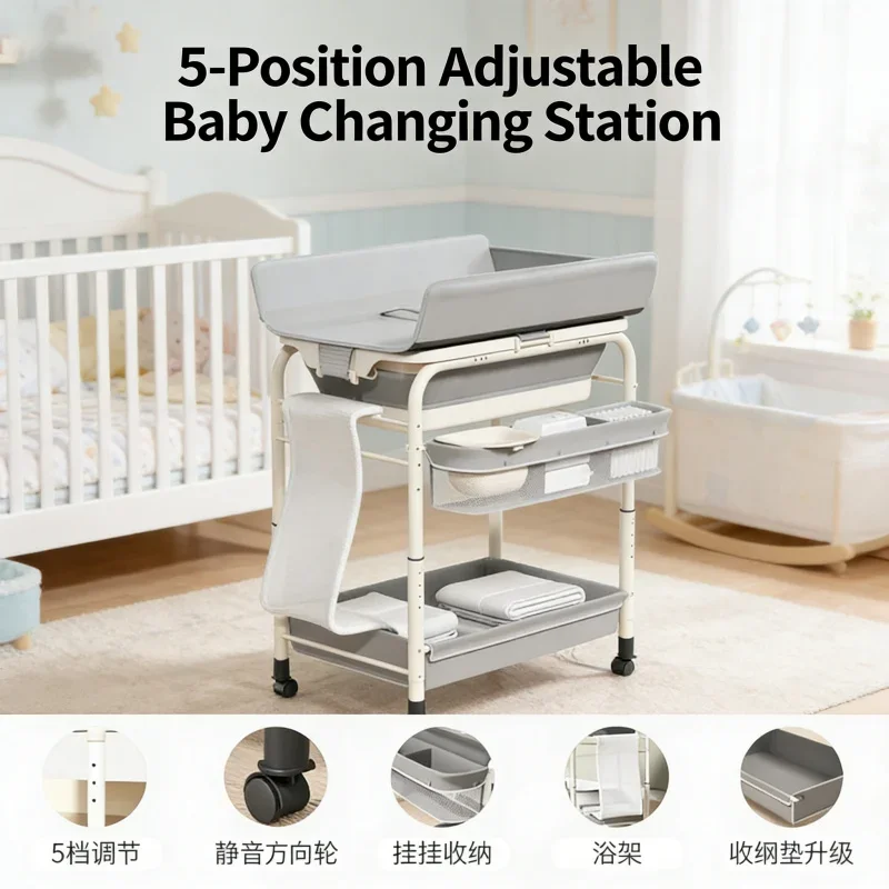 محطة تغيير حفاضات الطفل الفاخرة مع حوض الاستحمام للطي طاولة التمريض سلال جانبية تخزين الرف عجلات وغسل شبكة الرعاية 2-i