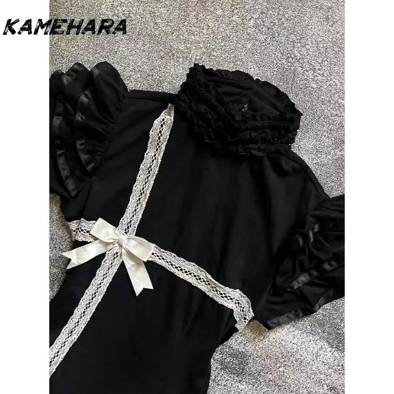 KAMEHARA اليابانية E-girl القوطية خمر نصف عالية الرقبة قصيرة الأكمام القوس فستان الدانتيل مقطعة الخصر حار فتاة فستان أسود صغير