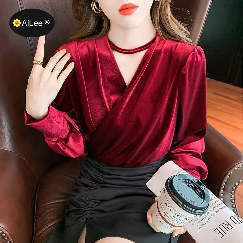 Women Winter Golden Velvet Warm Tops Pullovers Blouse V Neck Wine Red Long Sleeve Korean Fashion Blouse Shirts For Office Work