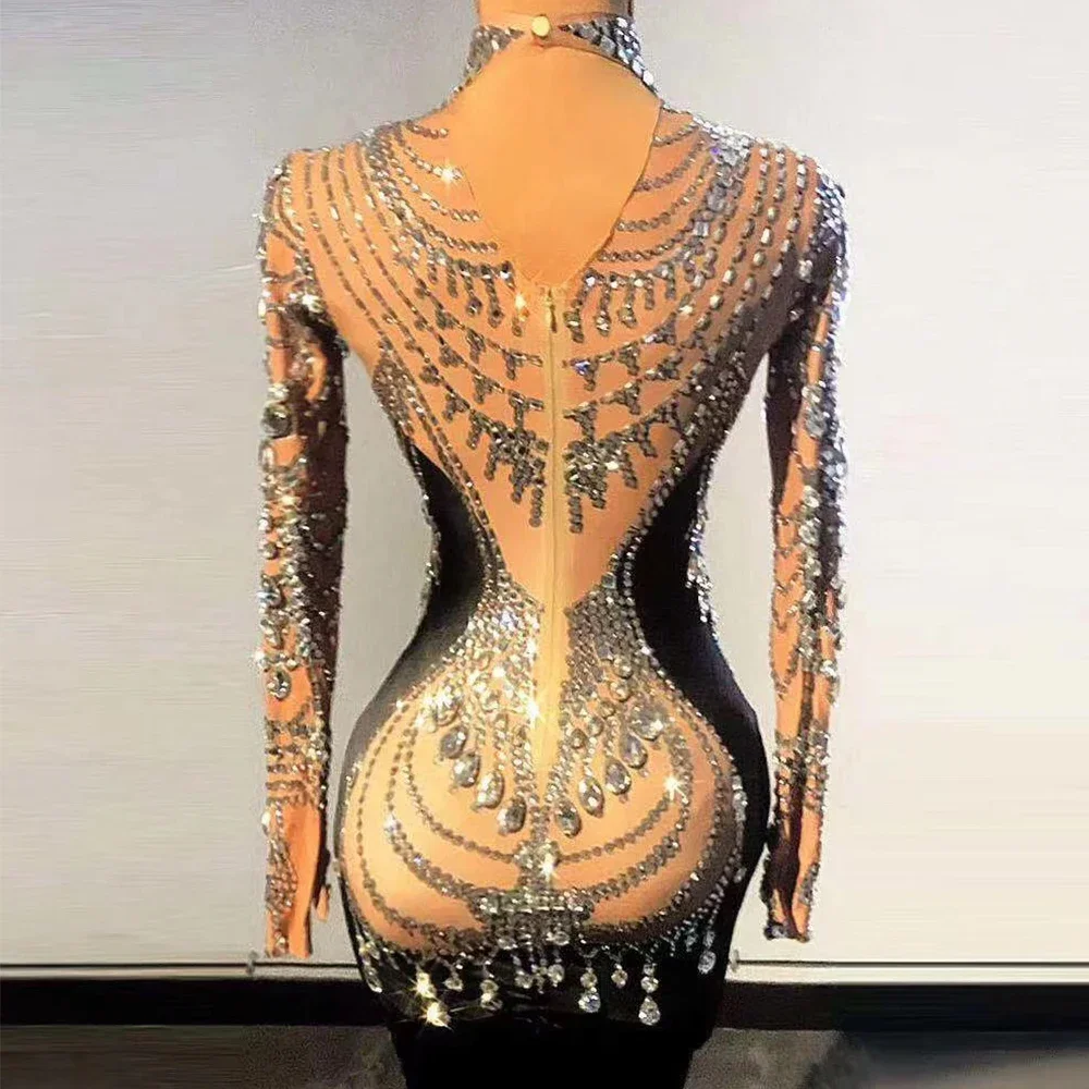 Glänzende Kristall Strass Elegante Kleid Für Frauen Lange Schwarz Schwan Samt Schleppende Sexy Abend Ballsaal Kleidung Bühne Kostüm