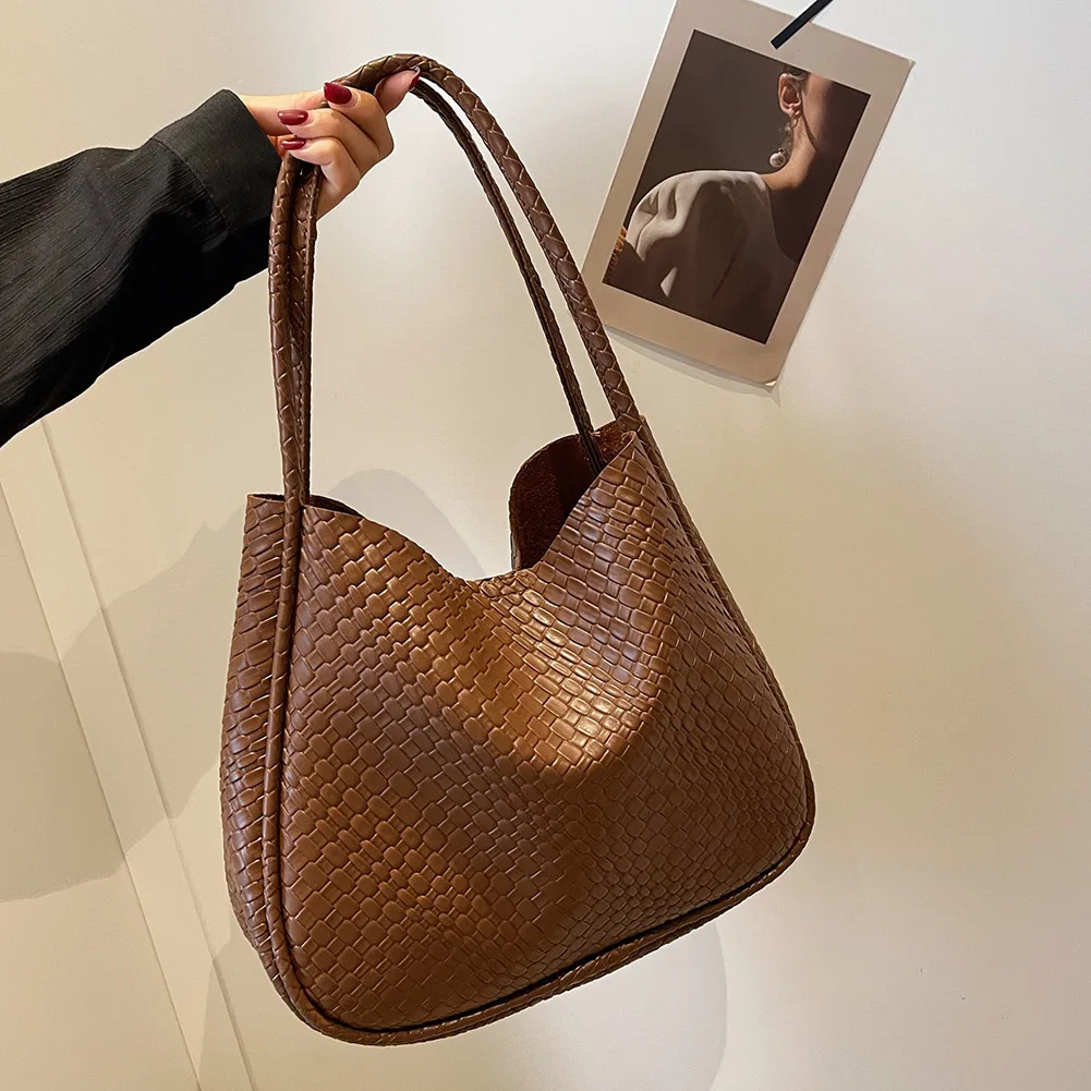 Women Woven Texture Tote Bag Big Capacity Retro Shoulder Bag Versatile Top Handle Bag Armpit Hobo Bag Commuting Bag