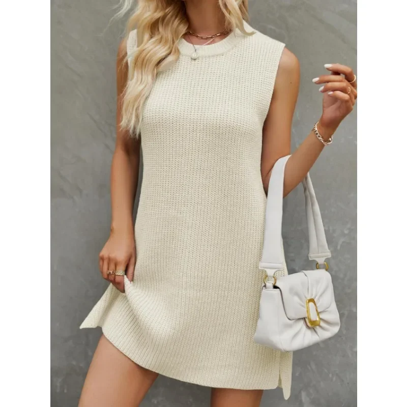 

Women's Solid Round Neck Split Knitted Dress Temperament Female Casual Clothing Spicy Girl Women Fashion Sleeveless Mini Dresses