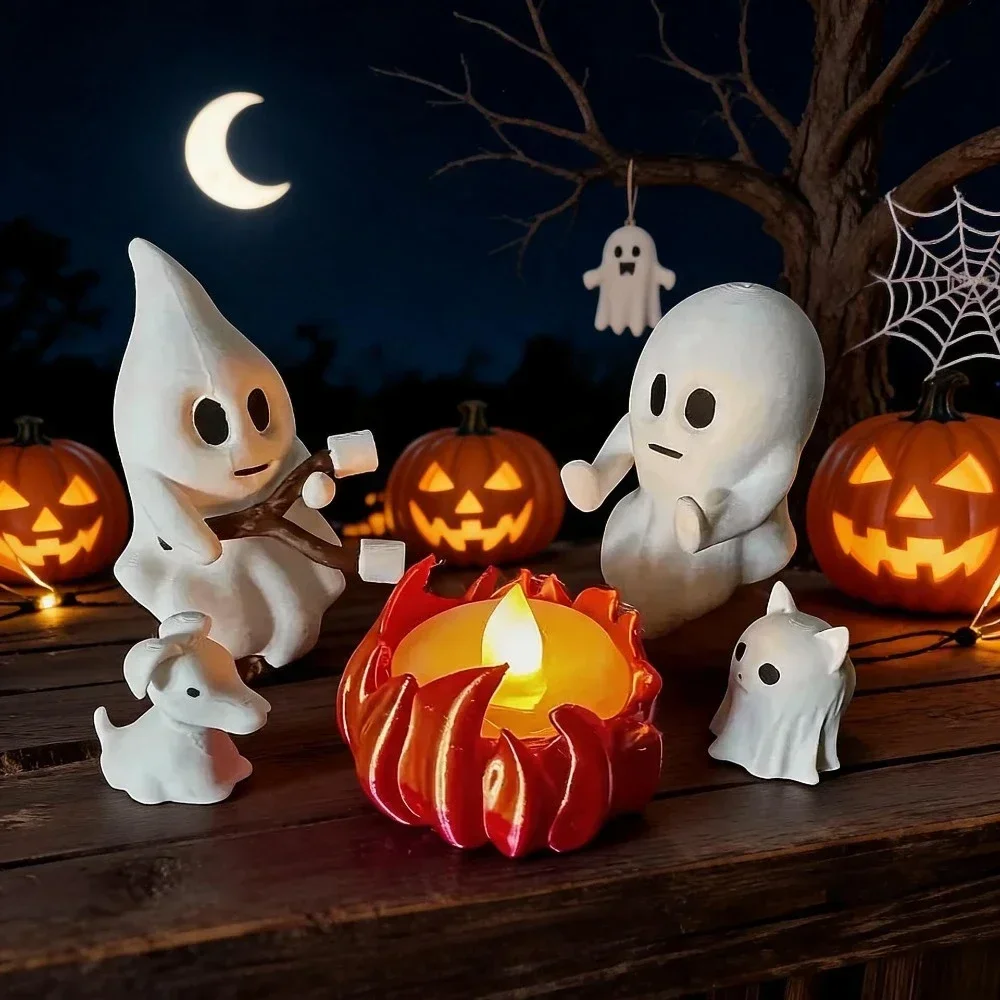 Halloween Niedliches Geister-Lagerfeuer-Szenen-Figurenset aus Kunstharz, Geister-Katzen-Hunde-Mini-Statue, Teelichthalter, Tischdekoration für die Feiertage – Detail 1