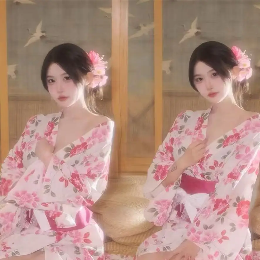 エレガントな白ピンクの花柄着物女性用伝統的なアジアの衣装和風女性の夏着物浴衣