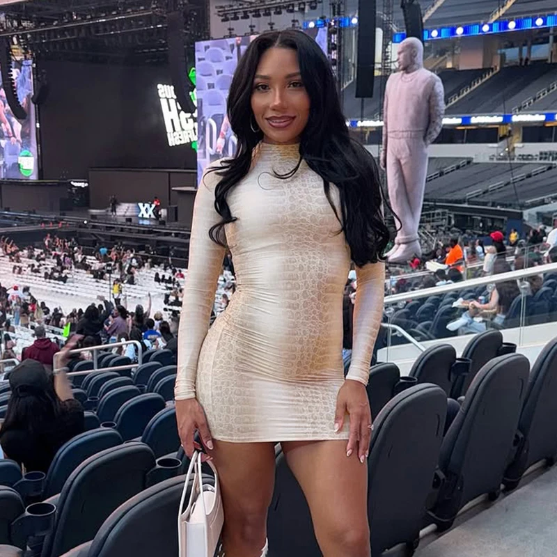 CUTENOVA 秋の新作ホットティーガール長袖フィットスネークプリントスタンドカラーボディコンミニドレスエレガントでスタイリッシュなストリートウェア