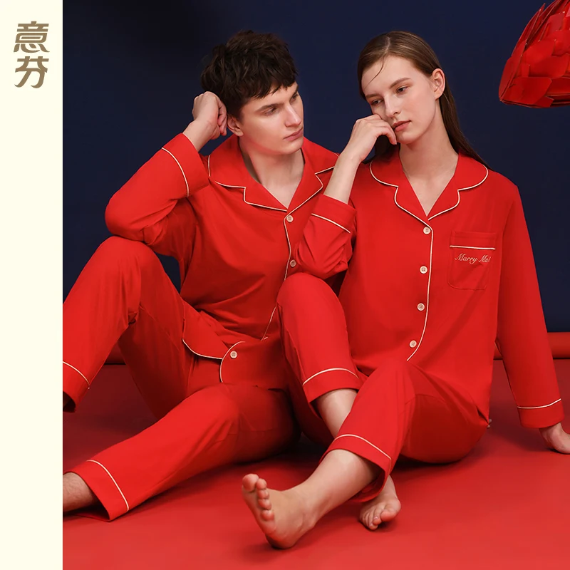red-cotton-pajamas-long-sleeve-couples-sleepwear-new-wedding-home-clothes-spring-autumn-pure-color-simple-style-knitted-fabric