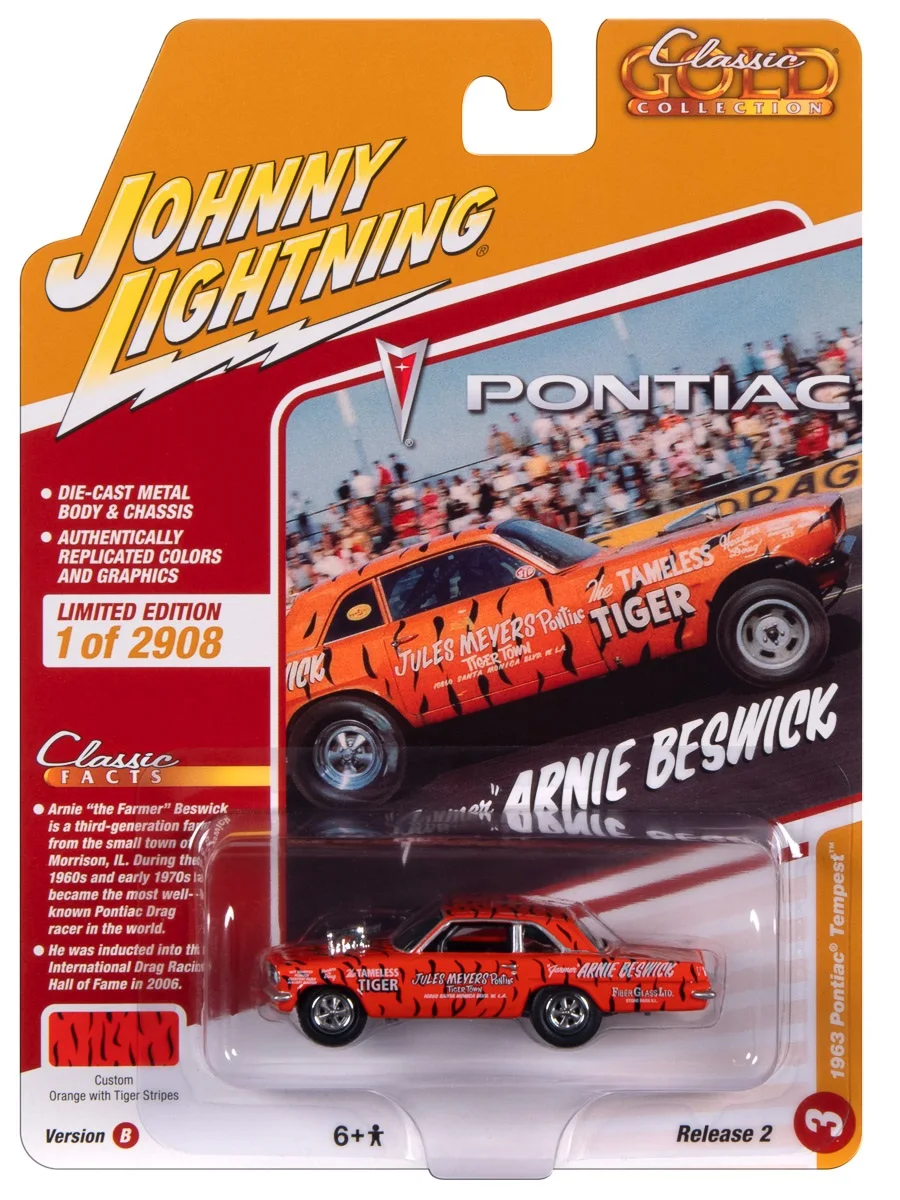 

Johnny Lightning 1/64 JL B3 1963 Pontiac Tempest Orange with Tiger Stripes Die-cast Alloy Car Model Gold Classic Collection