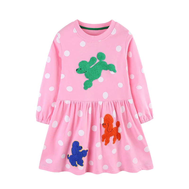 

Jumping Meters 2-7T Dog Applique Girls Dresses Pockets Cotton Autumn Spring Fashion Embroidery Children's Clothes Party Frocks