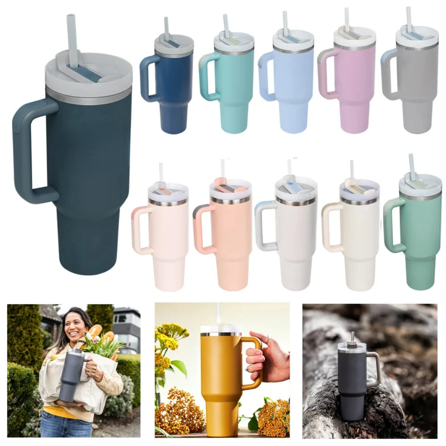 Stainless Steel Vacuum Insulated 40oz Tumbler with Handle, Lid, and Straw - Premium Travel Coffee Mug Thermos Car Cup Glass cup