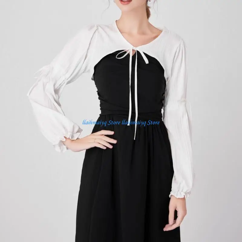 573B طوق مزخرف بأكمام طويلة من القماش نصف قميص مزين بياقة مدورة وياقة نصف قميص للإناث #1