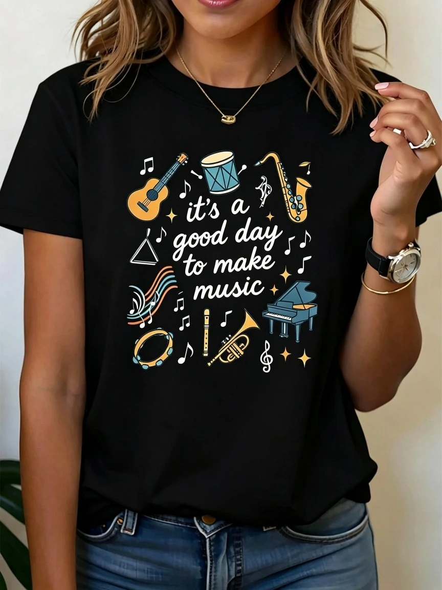 Make Music T Shirt Men Women Musical Instruments Graphic Tee Good Day Music Lover Casual Tops Streetwear Daily Wear Fashion Top