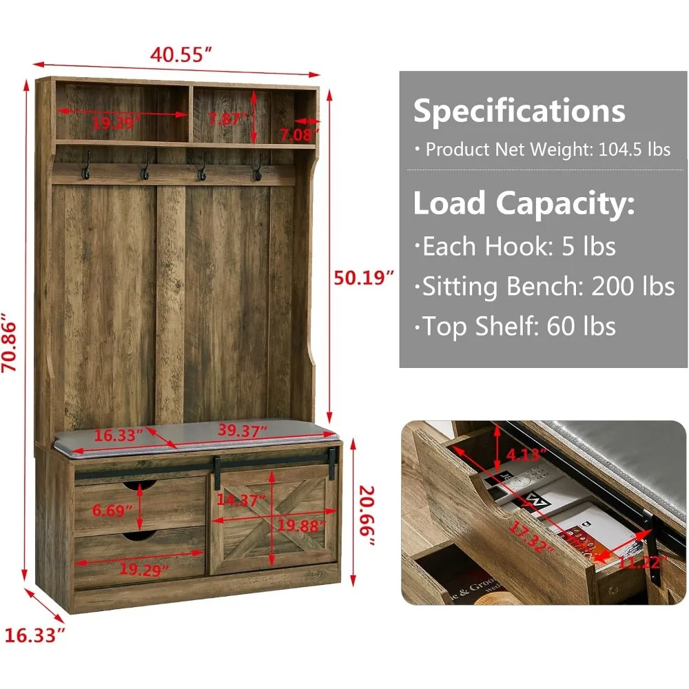 مقعد مدخل باب الحظيرة المنزلق مقاس 71 بوصة على طراز المزرعة مع رف معطف وتخزين للممر