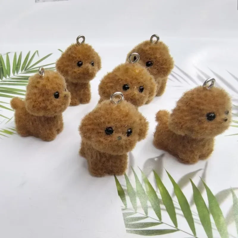 20Pcs 3D Flocking Brown Dog Resin Charms Plush Cartoon Animal Dog Doll Pendant For Bag Keychain Earrings DIY Crafts Jewelry Make