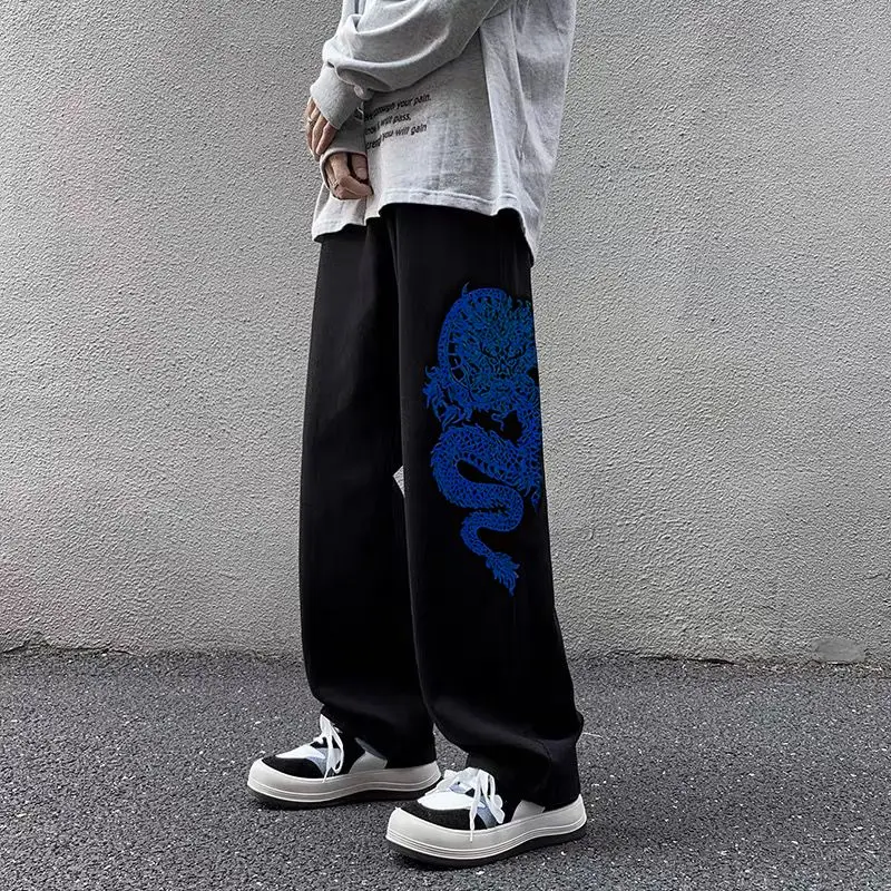 New embroidered jeans ins high street trend versatile loose flesh-covering straight wide-leg casual trousers for men and women view 4