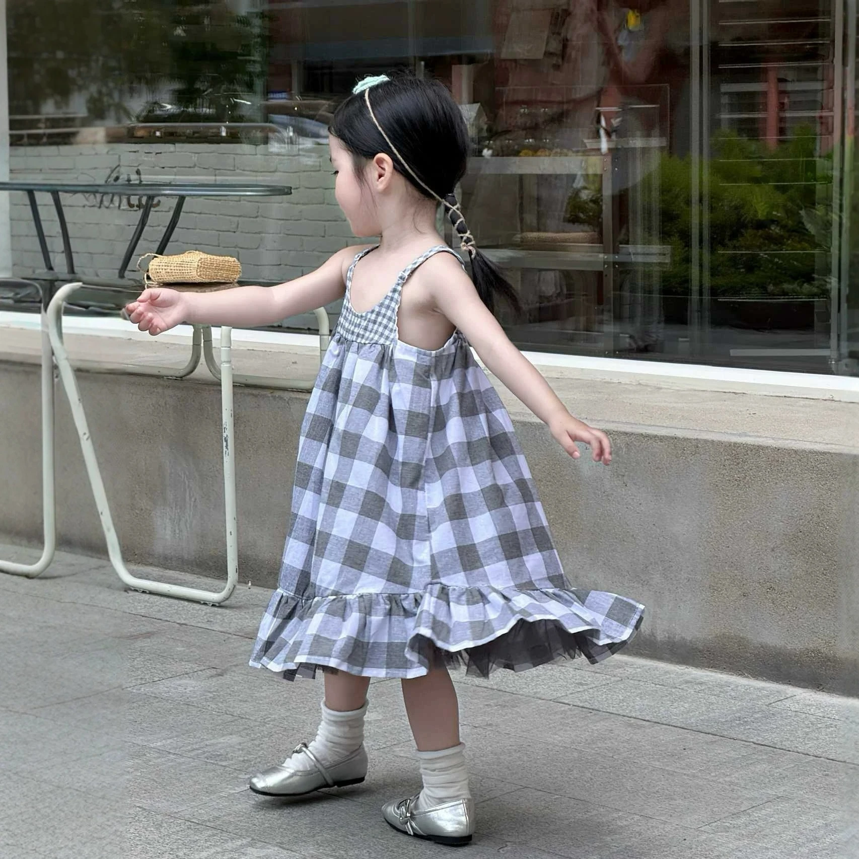2026 Summer Korean Girls Forest Style Plaid Mesh Splicing Ruffle Hem Princess Cami Dress Kids Vacation Sundress