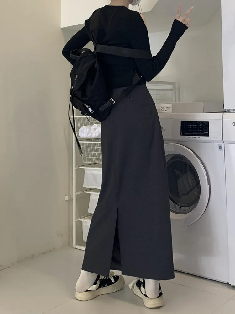 S-XL 2Colors Women Straight Long Skirt Autumn Winter 2022 Korean Style High Waist Back Split Suit Long Skirts Female(75054