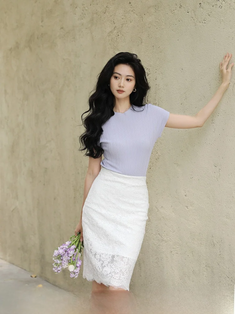 

TAIYANG OFFICE Purple ort Sve Knitted T-irt Women's Slim Fit Summer Commute Sle Base Layer Top round Ne Basic Design