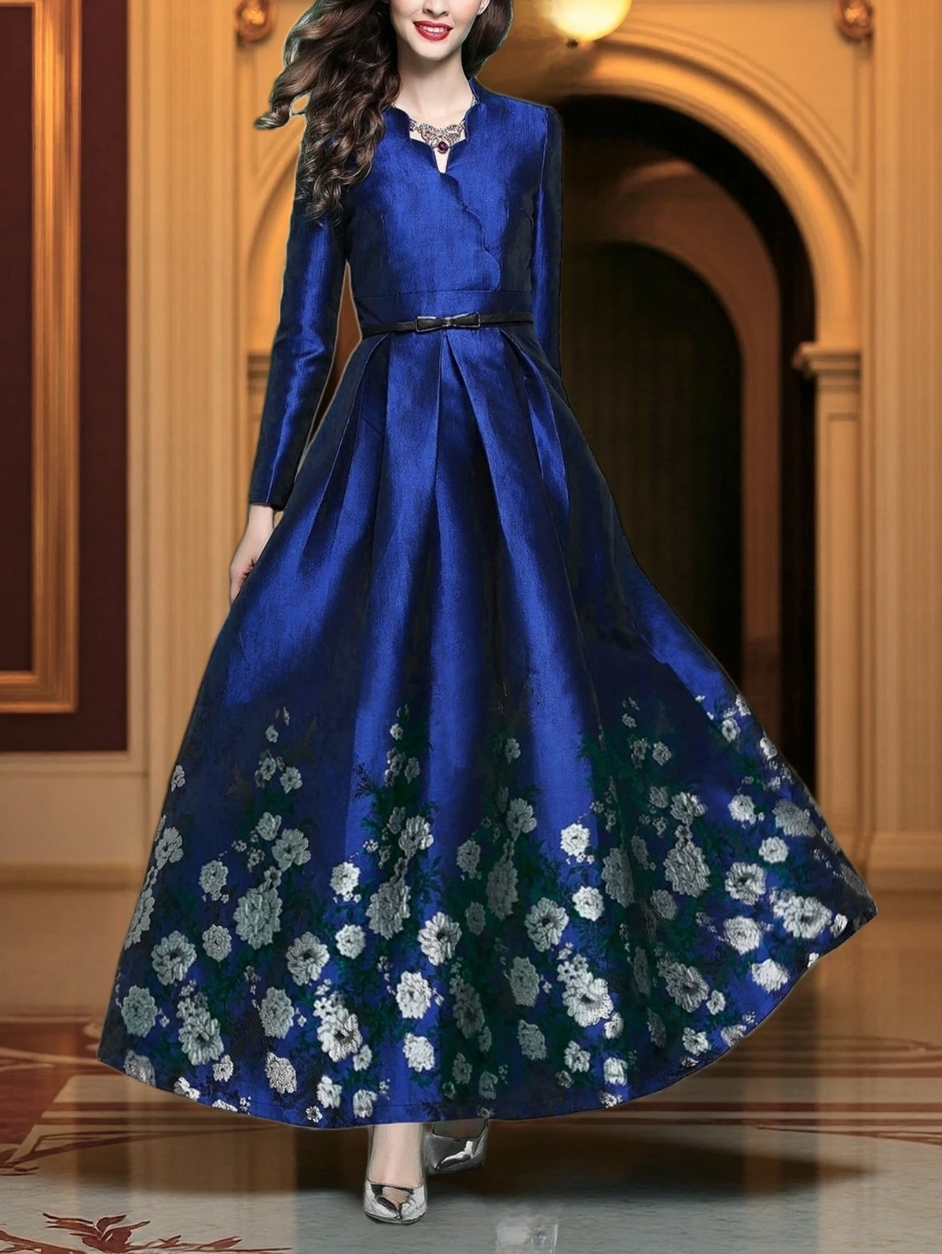 

Luxury Plus Size Women's Royal Blue Satin Waist-Cinching Maxi Gown Elegant Evening Party Dress