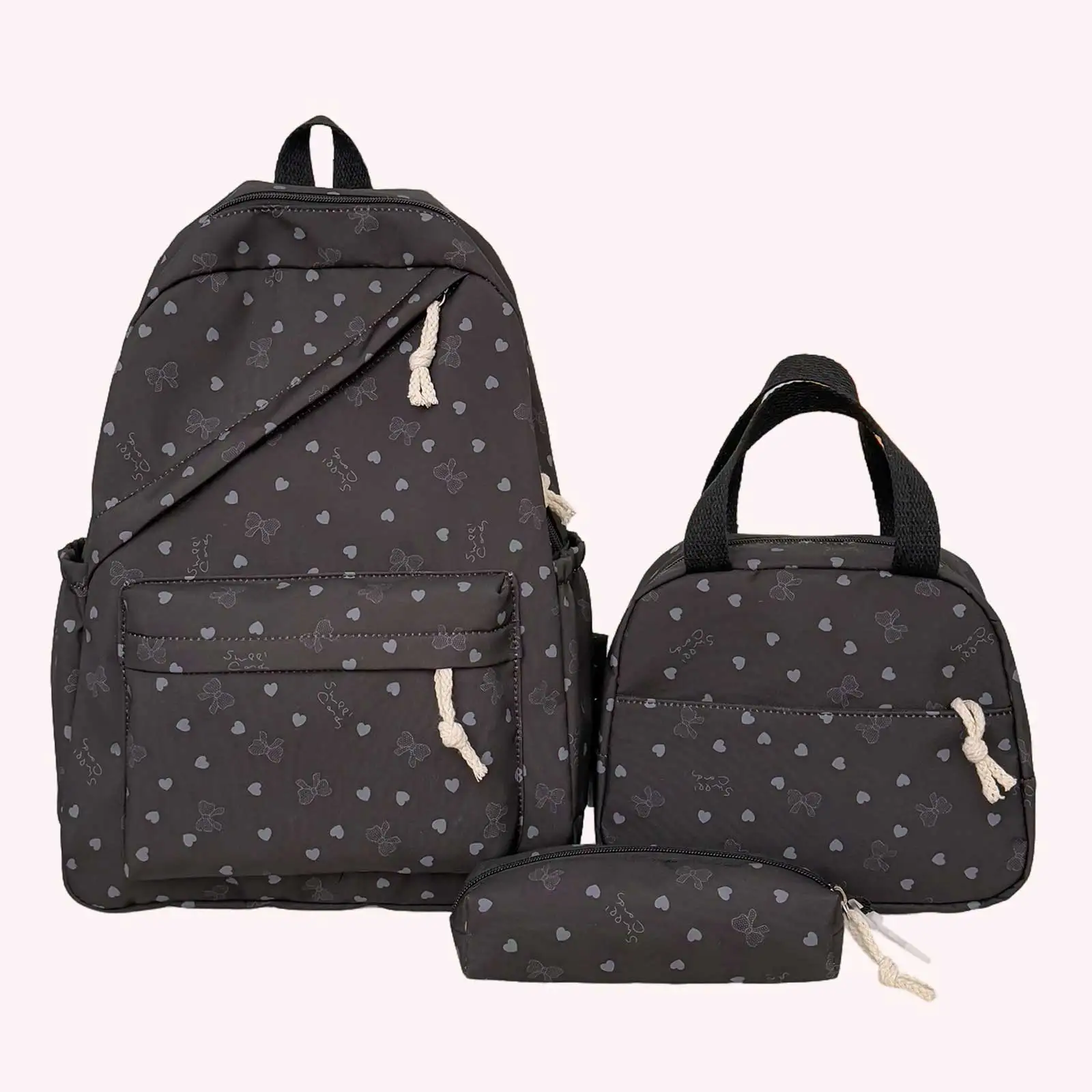 3Pcs Nylon Bow Print Cute Set with Lunch Box and Pencil Case Large Capacity for Teens Women Women College Outdoor
