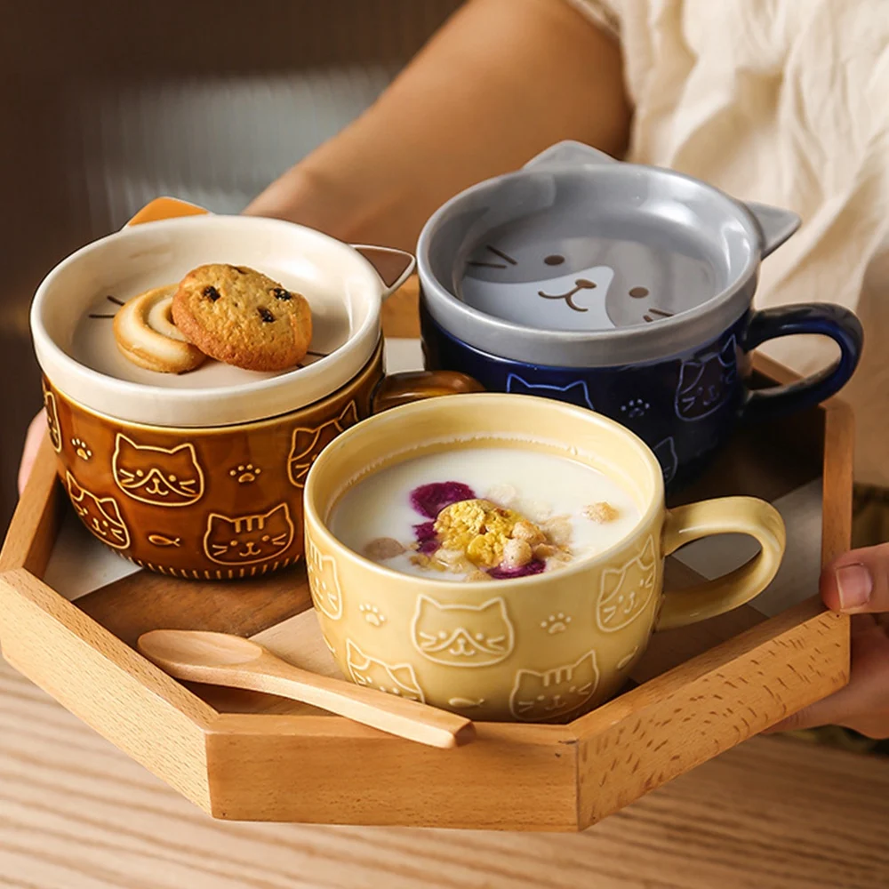 أكواب قهوة سيراميك مبتكرة مع غطاء، كوب بورسلين لطيف على شكل قطة، كوب عصير حليب الإفطار العائلي، مشروب (أصفر)