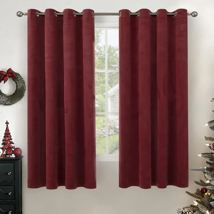 

Бордовые бархатные затемняющие шторы длиной 63 дюйма для гостиной, с люверсами, термоизоляционные, для конфиденциальности, рождественские