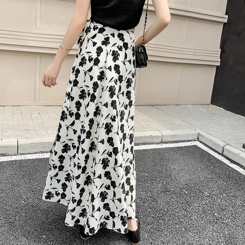 Wrap One-Piece Skirts Women Floral Printed Chiffon Skirts Spring Summer with Liner Holiday Long Skirts High Waist Saias Mujer