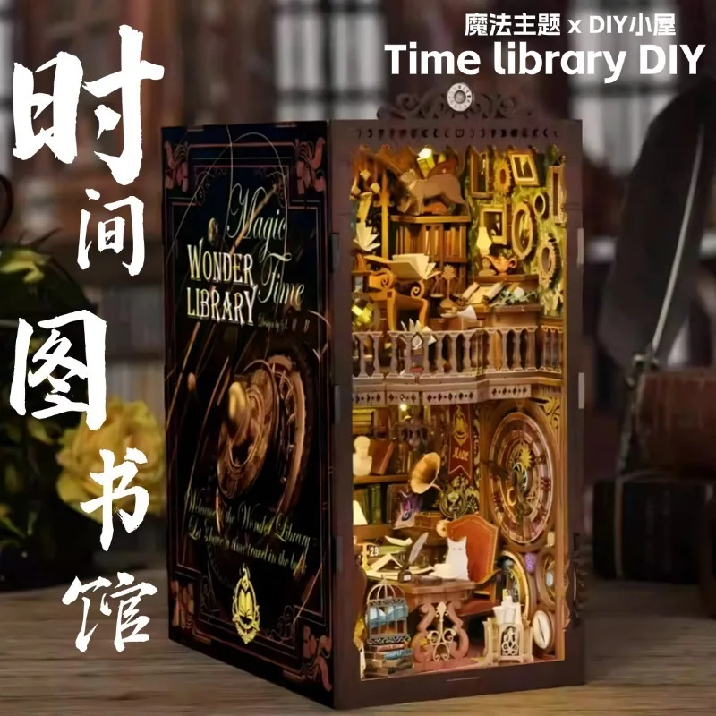 Magic Time Library DIY Book Nook - 3D puzzelbouwpakket met LED, miniatuur boekenplank insteekmodel, creatief cadeau Boekenliefhebber