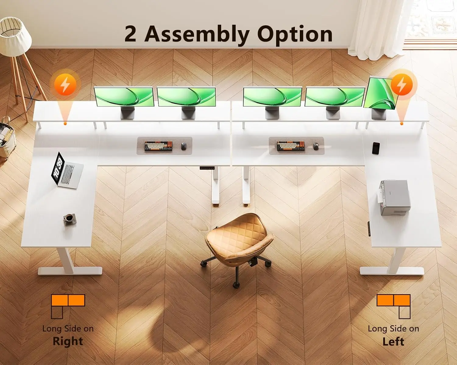 مكتب قائم كهربائي على شكل حرف L، ارتفاع 59 بوصة قابل للتعديل مع حامل شاشة، منافذ طاقة، أبيض #6