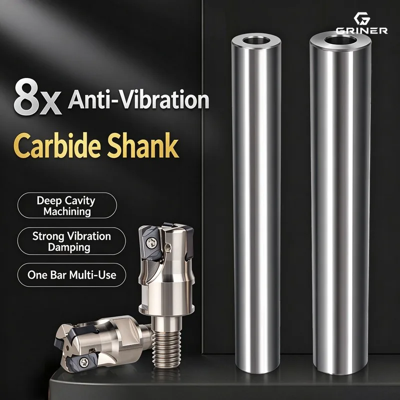 GRINER Solid Carbide Anti-Vibration Milling Tool Holder Internal Thread Lock Shank Extended Reach Milling Bar,12-16mm