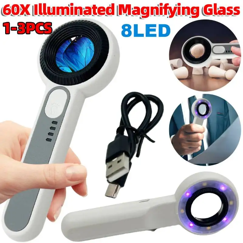 1-3Pcs 60X Handheld Magnifier with LED Light Illuminated Magnifying Glass Portable Lightweight Magnifier for Repair Reading