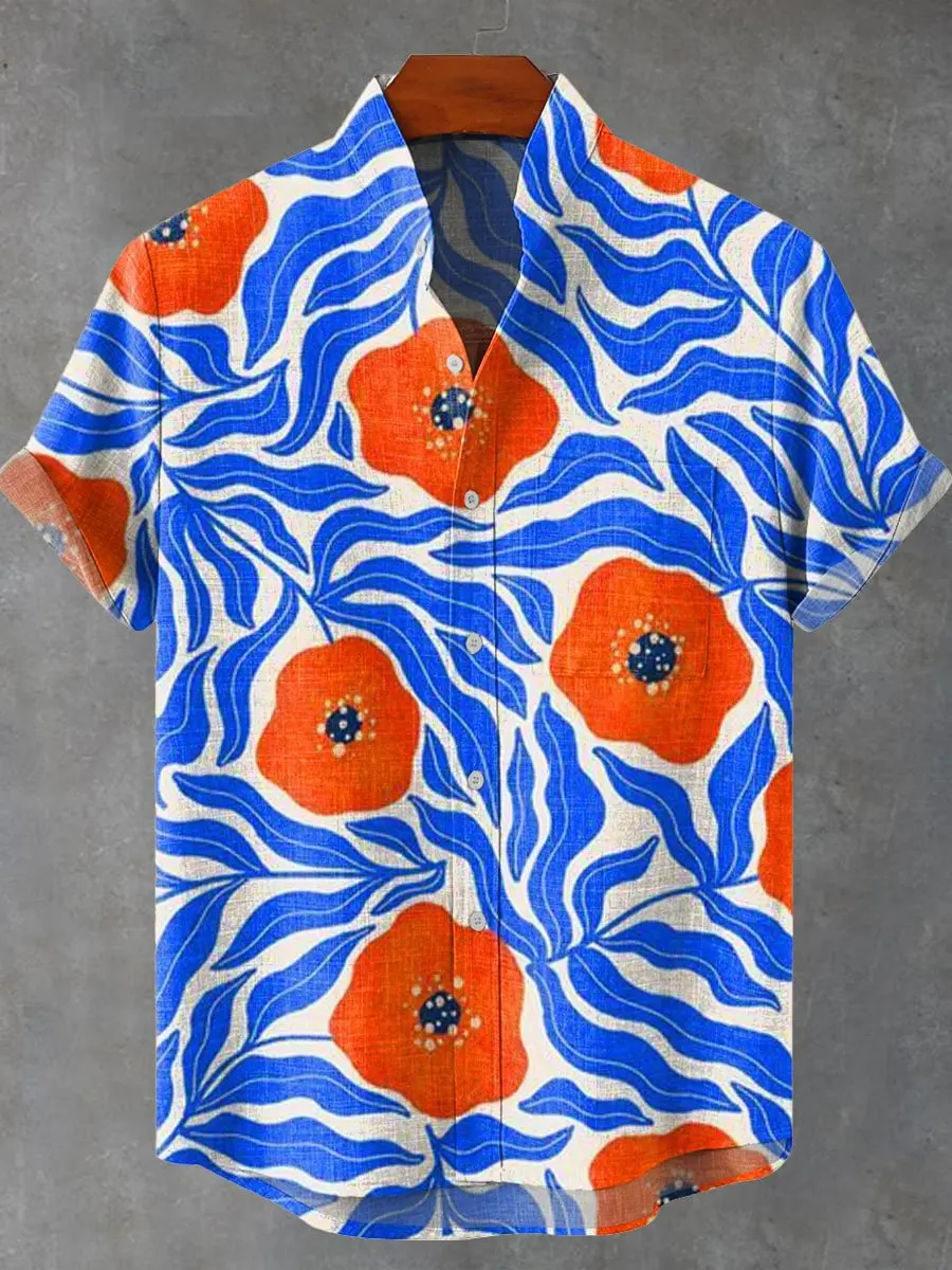 New men's short sleeved shirt with retro ethnic pattern, flower color, artistic printing, casual short sleeved shirt