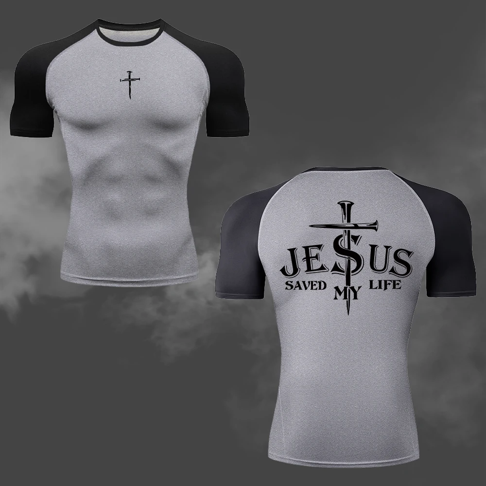 Herren-Kompressions-T-Shirt mit Jesus-Kreuz-Doppeldruck, schnell trocknend und atmungsaktiv, kurzärmelig, für Fitness, Gym, Laufen, Training – Detail 13