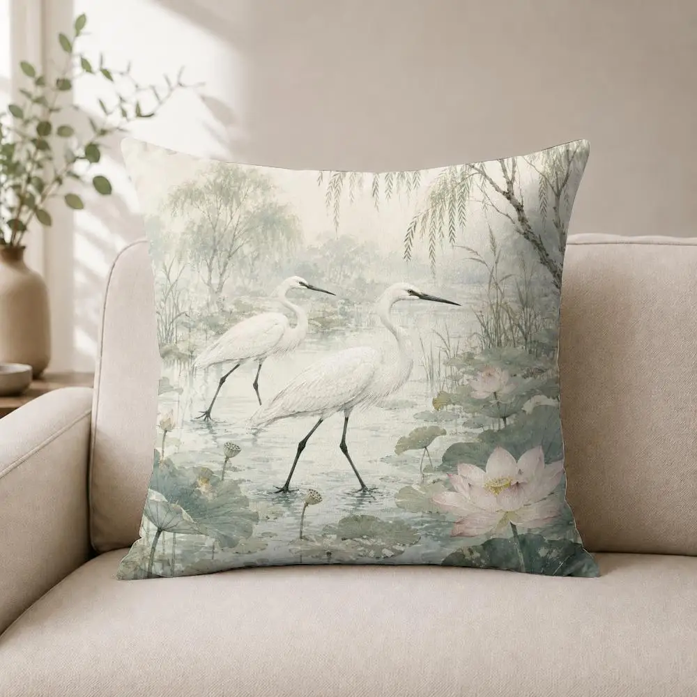 Marsh Heron Watercolor Cushion Cover Luxury Soft Plush Short Fur Cushion Case Warm Cozy Sofa Bed Decorative Home