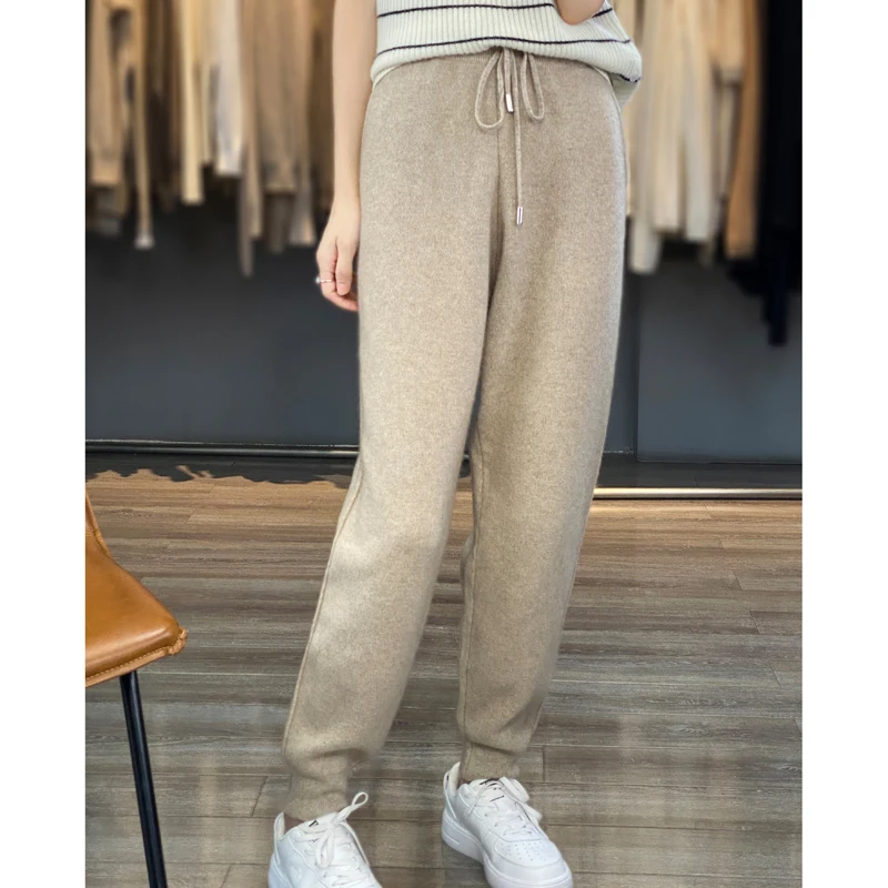 100% pure wool pants women wear thick knitted feet pants in autumn and winter, casual high waist and slim solid color cashmere p