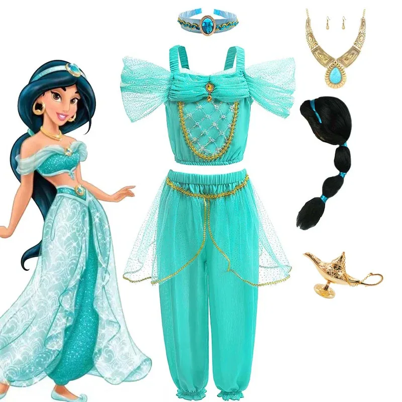 

XT8 Aladdin Princess Jasmine Cosplay Costume Girl Green Tulle 2Pcs Sets Children Birthday Party Gift Halloween Fantasy OutfXT6@!