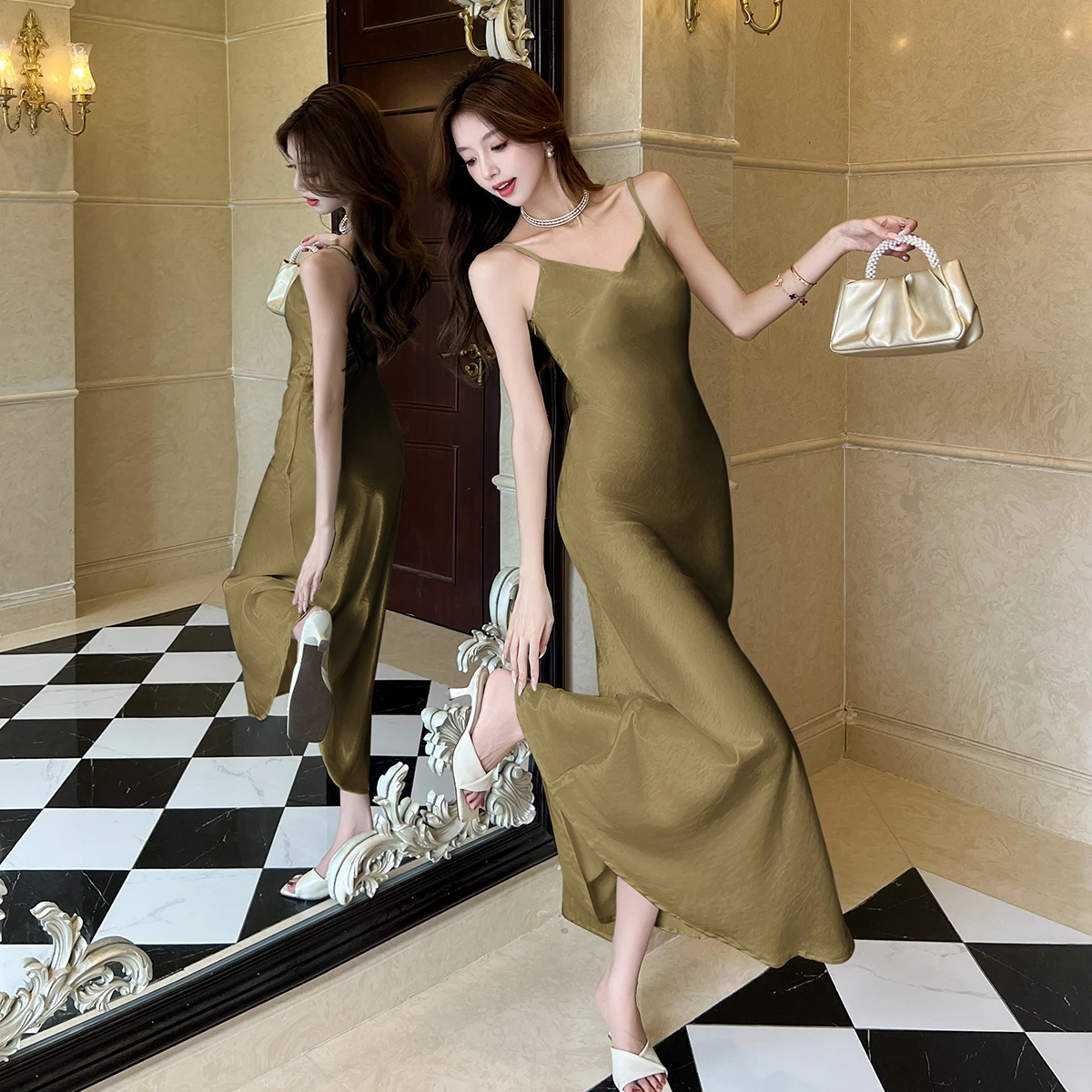 Robe longue en Satin pour femmes, Vintage, bretelles, Slim, queue de poisson, haut de gamme, robe de soirée, Club