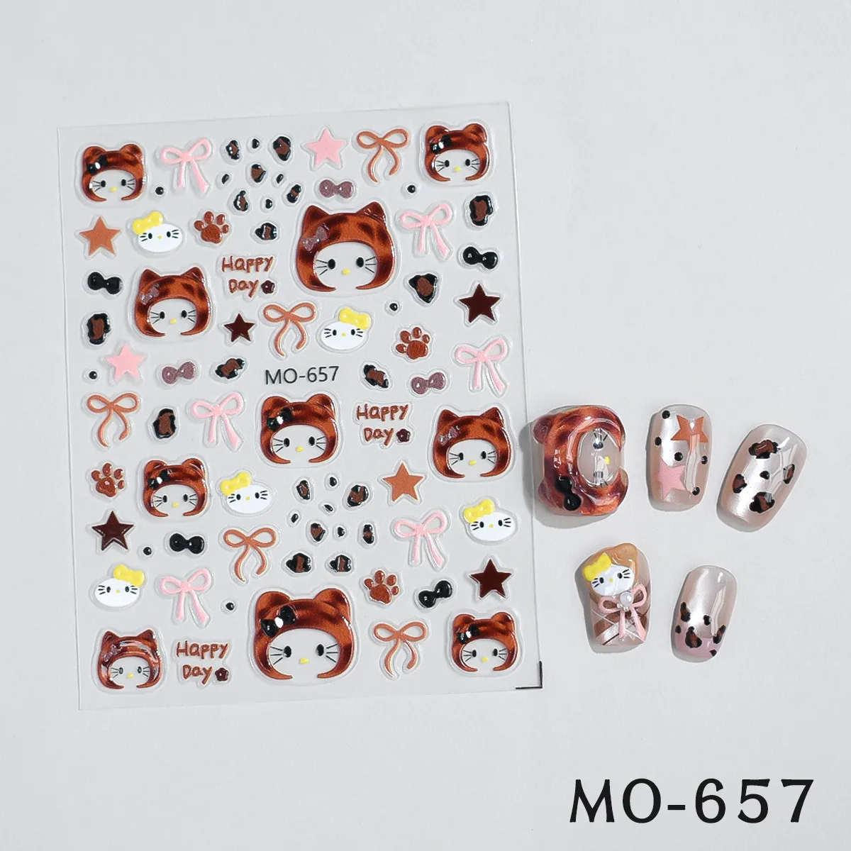 Set da 3 adesivi per unghie Hat Kitty - Nail art con fiocco e fungo 3D, decorazioni per unghie a pressione con simpatico cartone animato per manicure alla moda