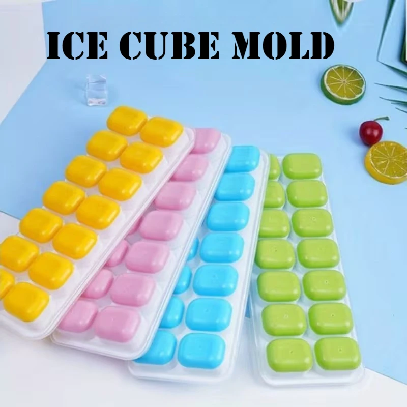 1PCS 14 Grid Square Silicone Ice Cube Mold with Cover Reusable Ice Tray for Cocktail Whiskey Summer Kitchen Cooling Accessories