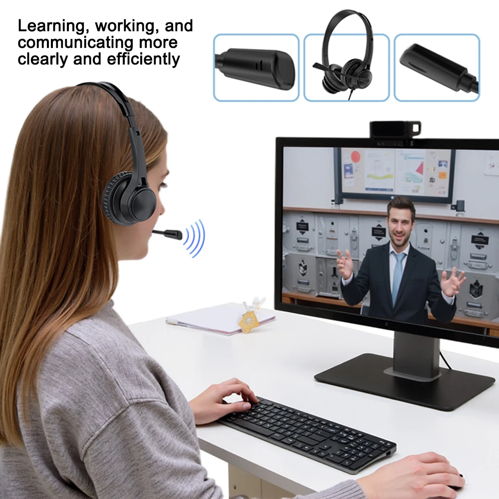 USB Wired Headsets with Microphone Noise Reduction Stereo Earphones for Office Business Headphone Games for Computer PC Laptop