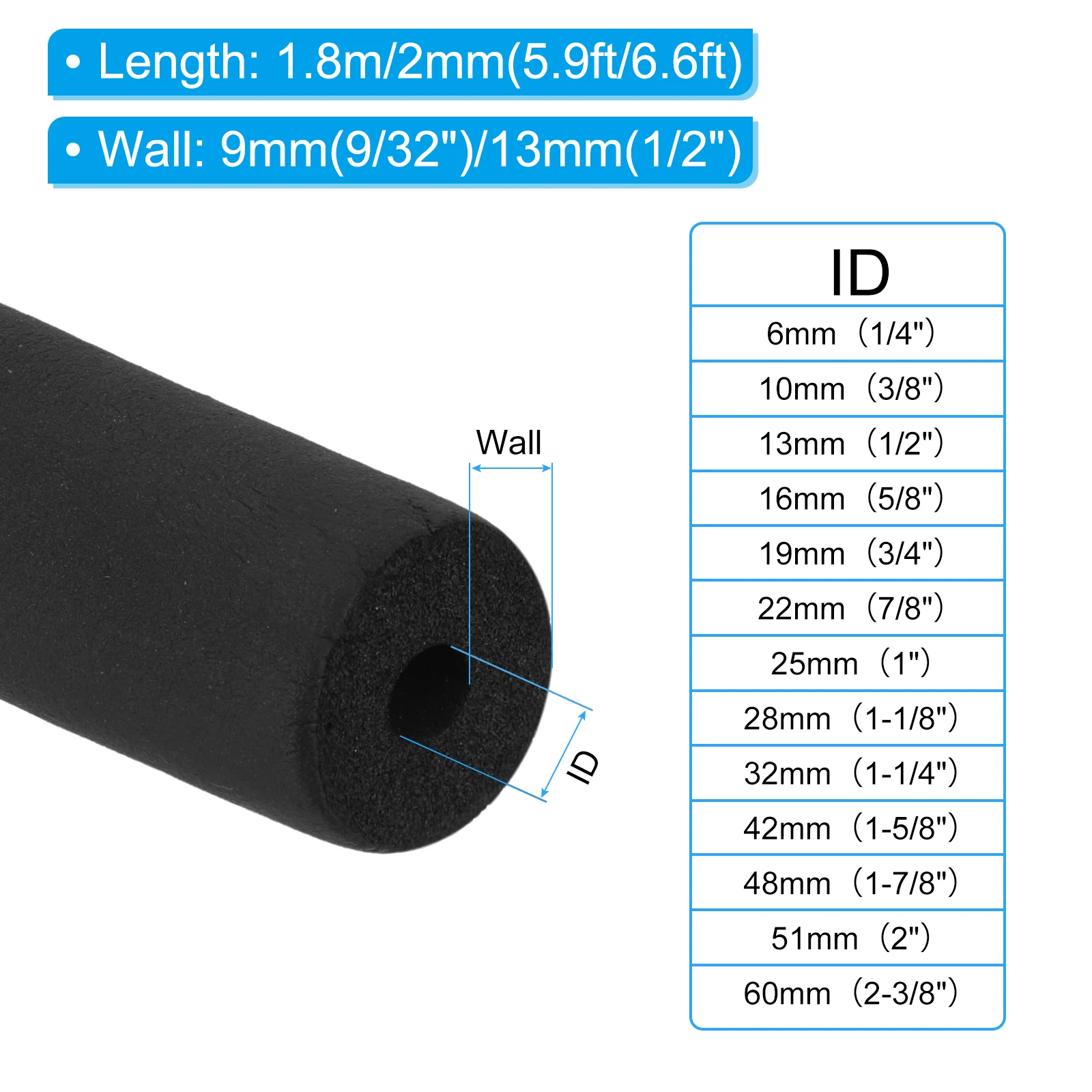 1.8m Black Pipe Insulation Foam Tube Pipe Cover Wrap Roll Bar Padding Tubing for Handle Grip HVAC Outdoor Air Conditioner Units