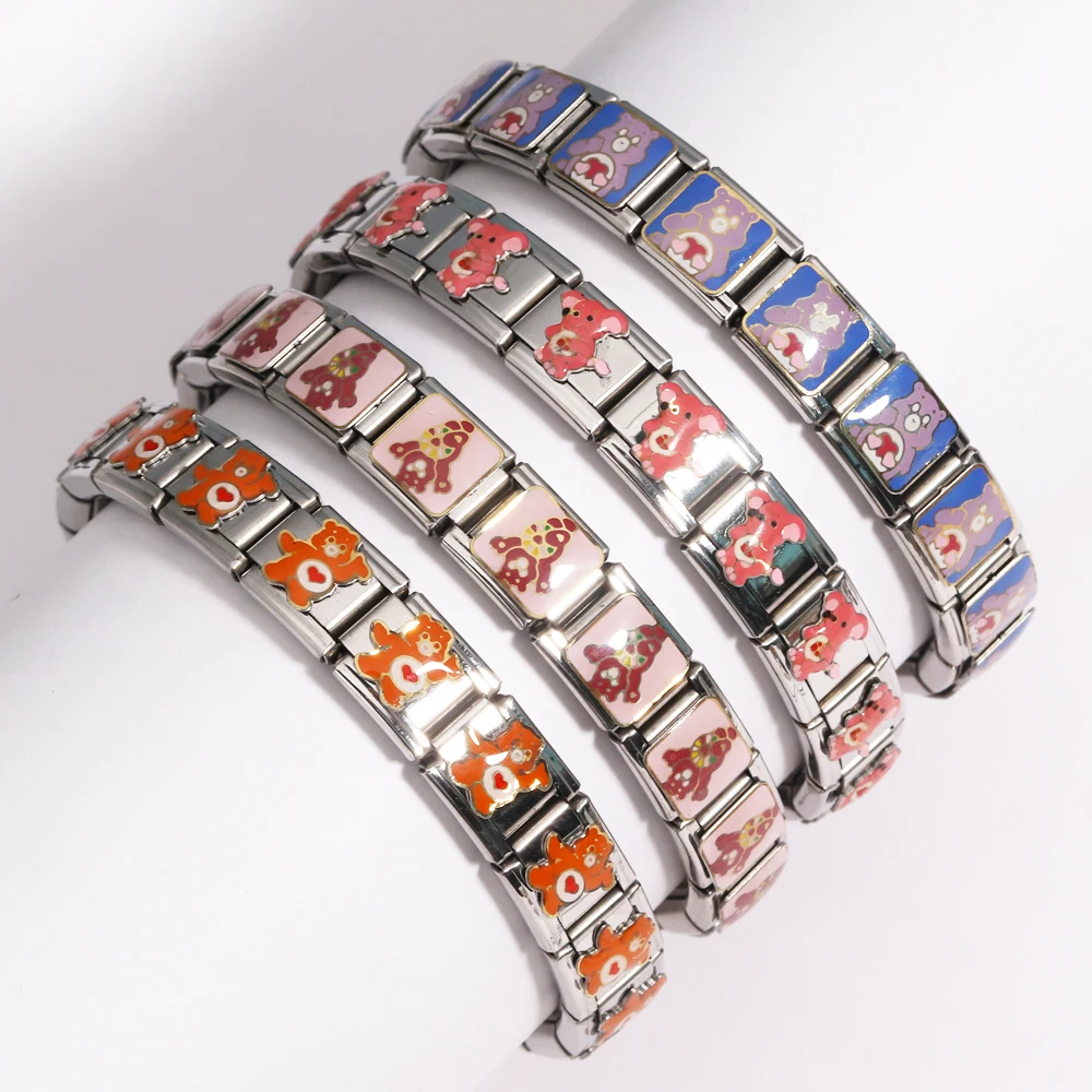 1PCS Fashion Gift Cute Colorful Little Bear Pattern Italian Charm Module Stainless Steel 9mm Bracelets DIY Making Jewelry