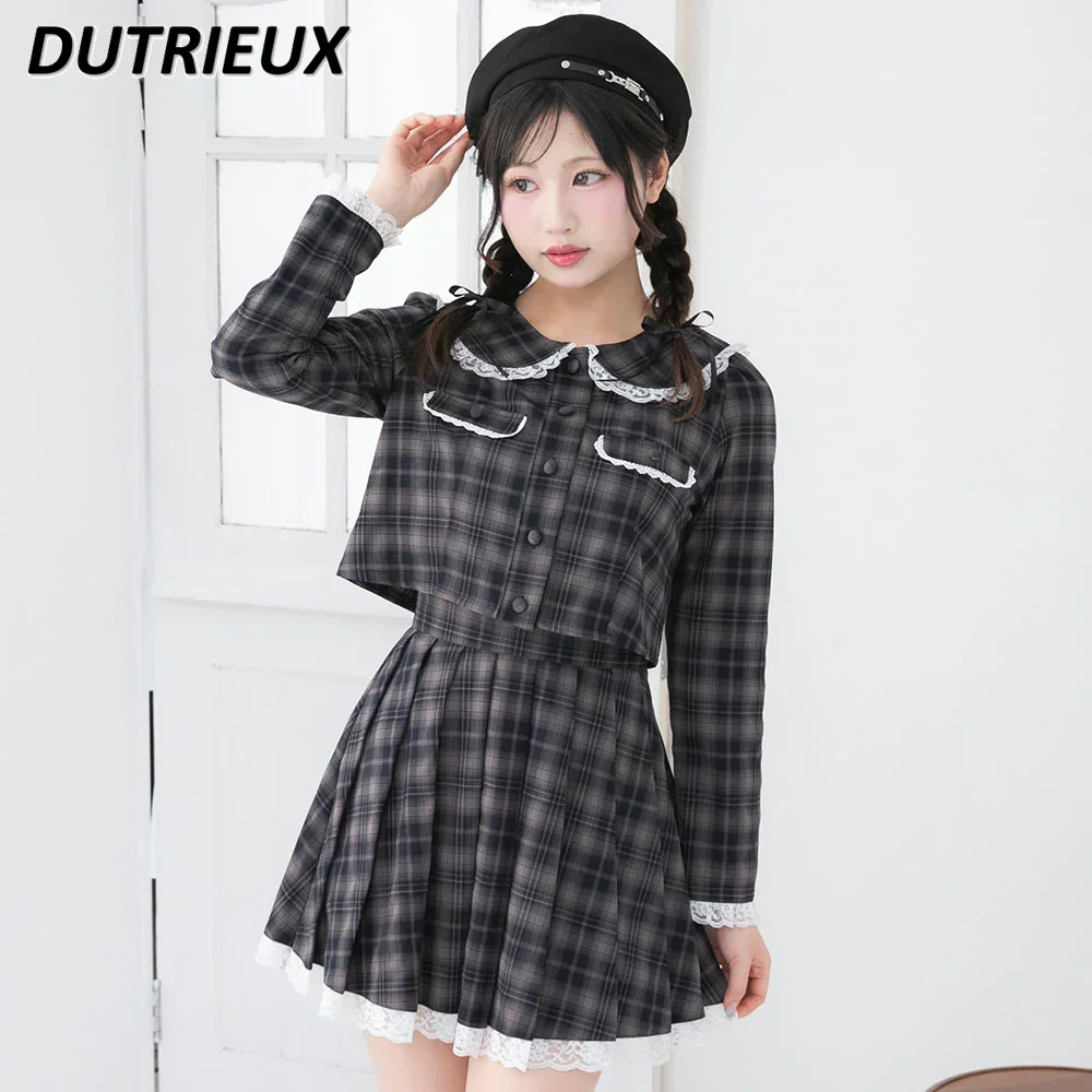 

Spring New Japanese Sweet and Cute Two-piece Doll Collar Long Sleeve Top + Pleated Short Skirt Lace Edge Heavy Industry Set