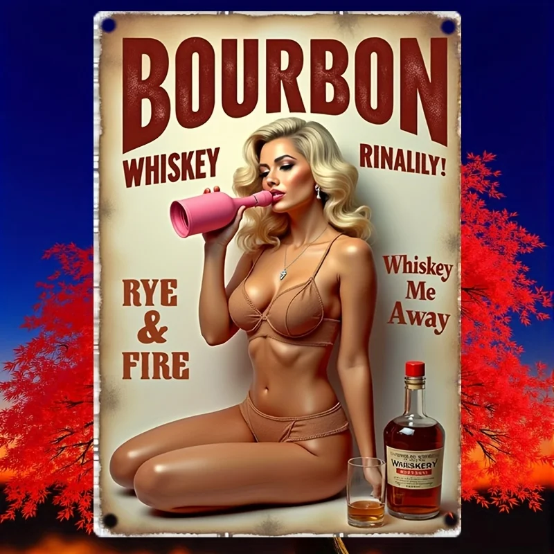 

Vintage Bourbon Whiskey Tin Sign - 8x12 inch Retro Metal Wall Art for Home, Bar, Garden Decor - "Rye & Fire" Design