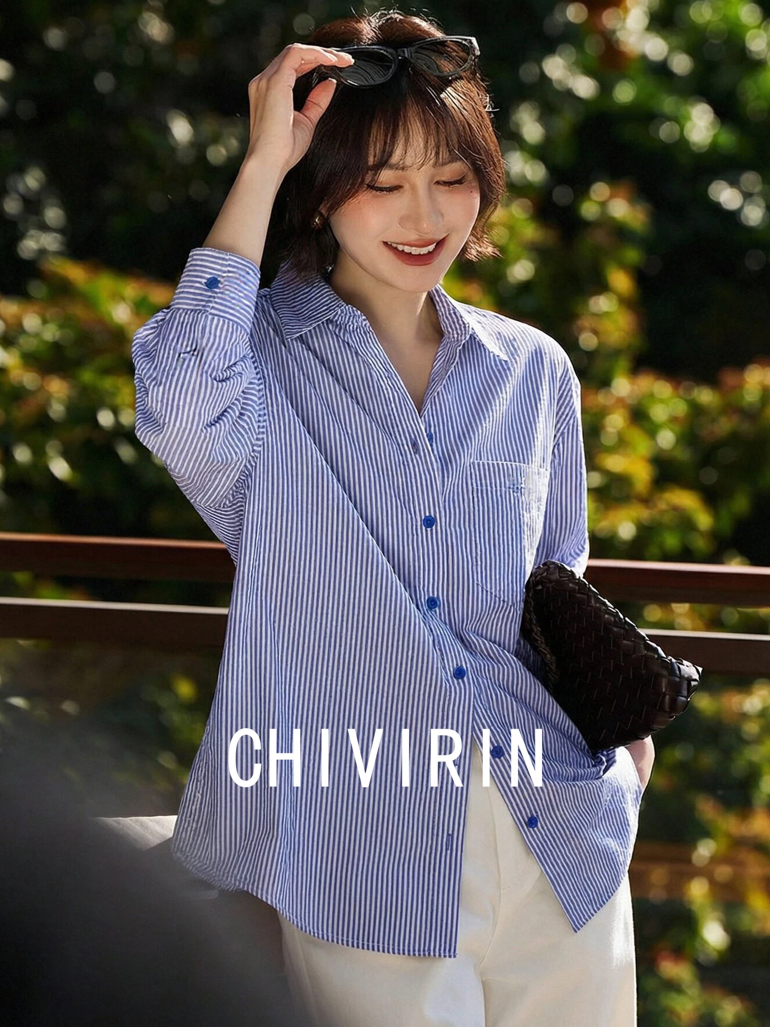 

Chivirin Women's Cotton Striped Long Sve irt Loose Fit Turn-down Collar Commute Sle Spring Faion Casual Ne