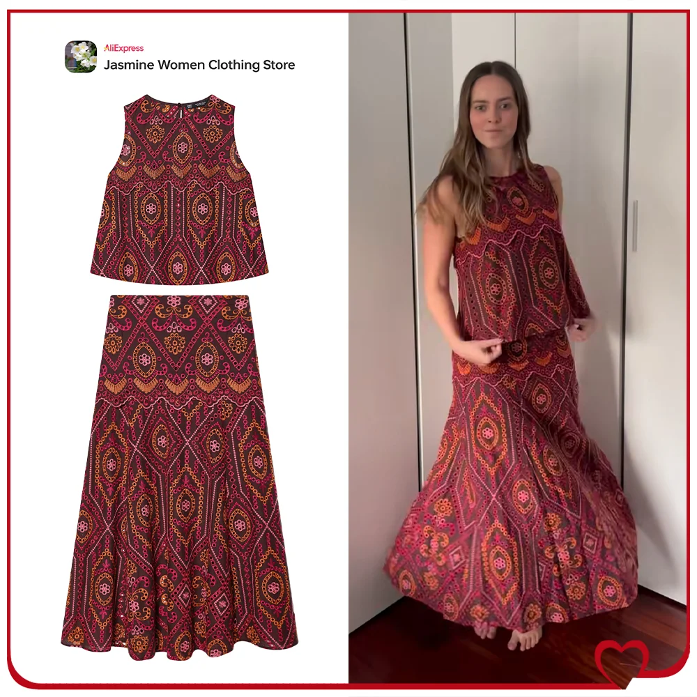 

Fashion Embroidered Eyelet 2 Piece Set for Women Summer Ethnic Midi Skirt Sets Multicolored Embroidered Sleeveless Top and Skirt