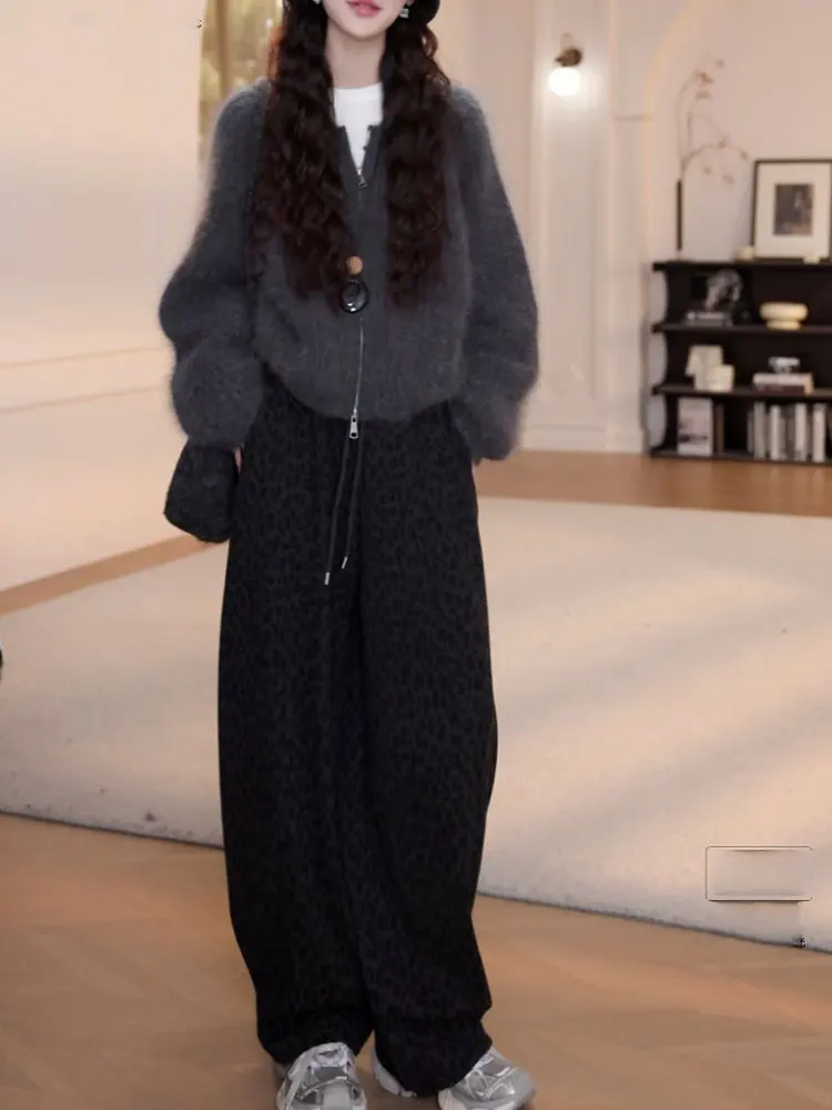 

Elegant Lazy Style Women's Autumn Spring Long Sleeve Double Zipper Sweater Leopard Print Casual Pants Two Piece Set Fashionable