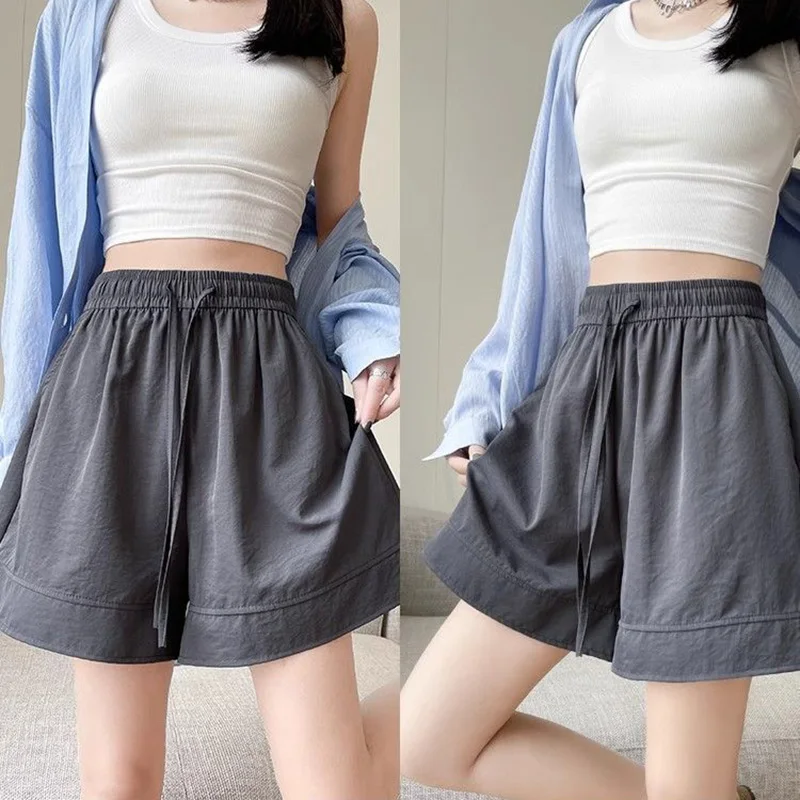 

Summer Female Korean Daily Thin Wide Leg Joggers Girls Fashion Baggy Short Pants Lady Classic Solid High Waist Shorts