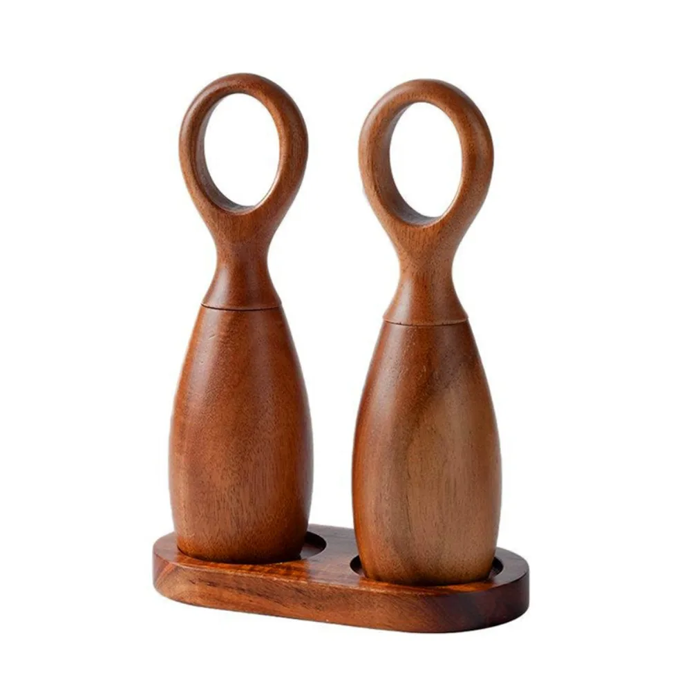 2pcs Ceramic Core Acacia Wood Pepper Grinder Adjustable Particle Size Nordic Style Pepper Salt Grinding Bottle with Storage Base